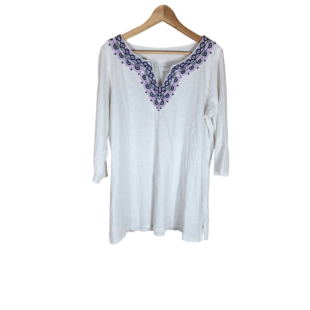 TALBOTS White Purple Embroidered Neck Line Boho Hippie Tunic Top SZ 1X